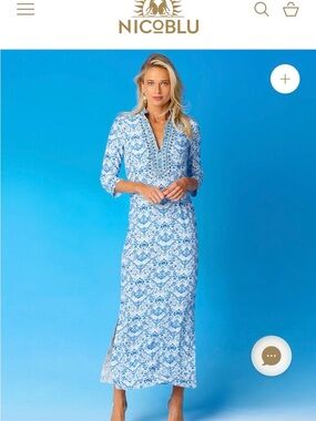Nicoblu Blue Printed Maxi Dress with Notch V-Neck